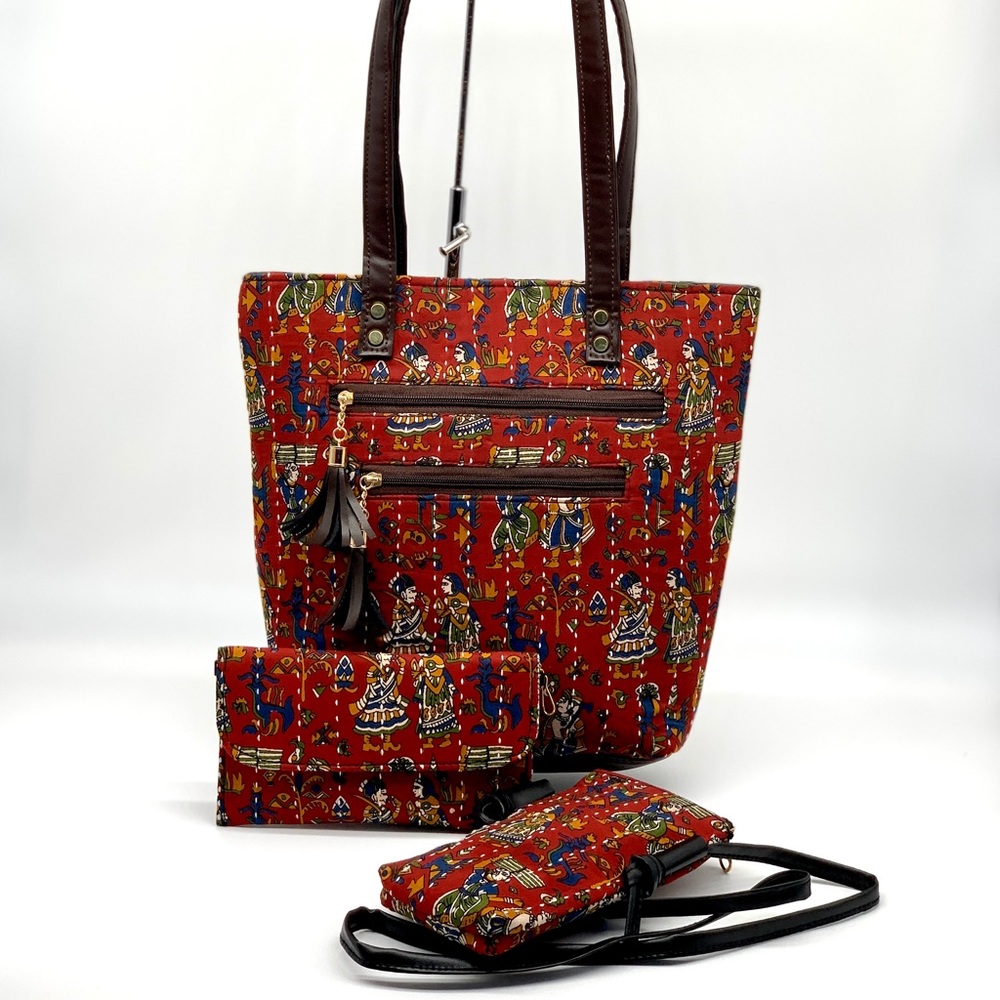 Printed Cotton Kantha Stitch bag Set